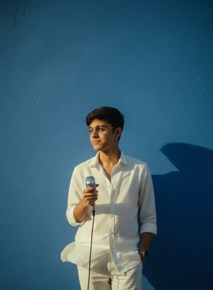 Chandan Parida with a microphone against a blue wall