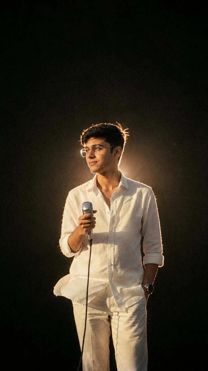 Chandan Parida in white, holding a microphone, rim-lit against a dark backdrop